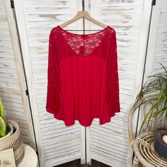 TORRID PLUS 4X 26 Georgette V Neck Lace Sleeve Blouse Top Jester Red NWT Flawed - Picture 4 of 15